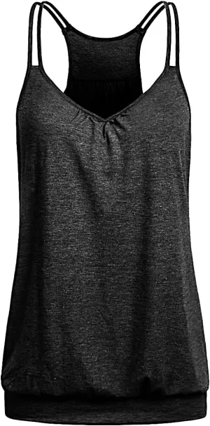 V Neck Tops for Women Racerback Loose fit Tank Tops Double Spaghetti Strap Athletic Yoga Camisole with Baned Bottom