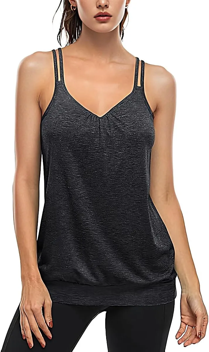V Neck Tops for Women Racerback Loose fit Tank Tops Double Spaghetti Strap Athletic Yoga Camisole with Baned Bottom