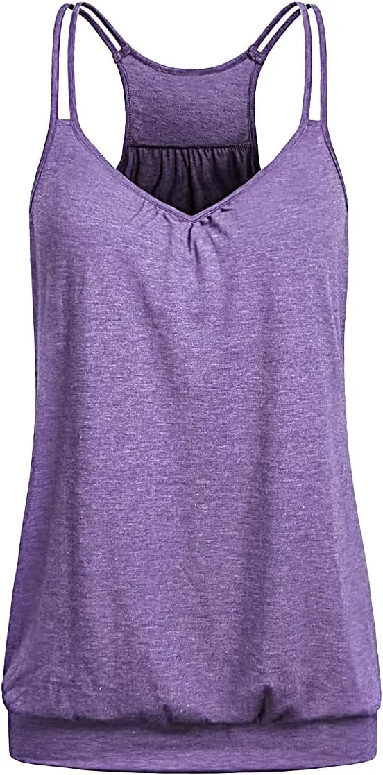 V Neck Tops for Women Racerback Loose fit Tank Tops Double Spaghetti Strap Athletic Yoga Camisole with Baned Bottom
