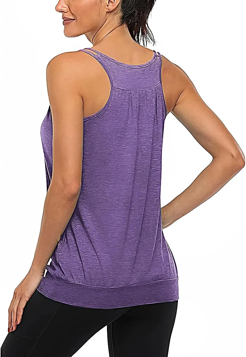 V Neck Tops for Women Racerback Loose fit Tank Tops Double Spaghetti Strap Athletic Yoga Camisole with Baned Bottom
