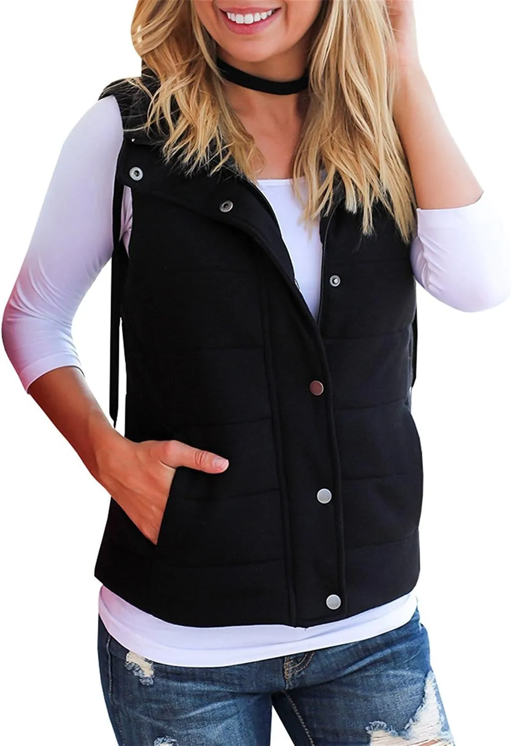 Valphsio Women Casual Quilted Puffer Vest Lightweight Zip Up Drawstring Jacket Outerwear with Pockets