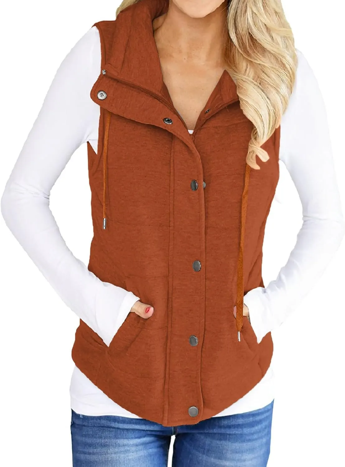 Valphsio Women Casual Quilted Puffer Vest Lightweight Zip Up Drawstring Jacket Outerwear with Pockets
