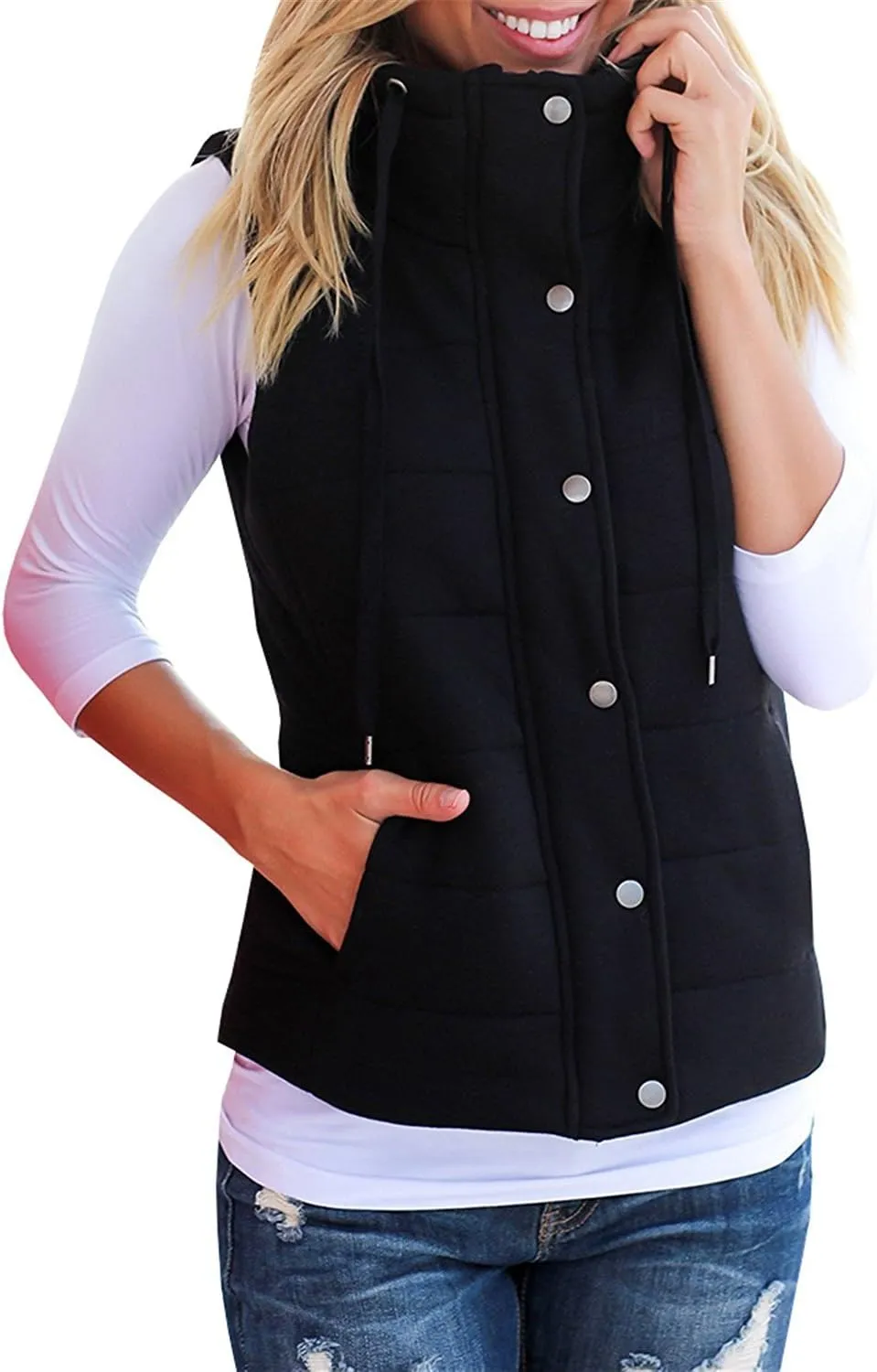 Valphsio Women Casual Quilted Puffer Vest Lightweight Zip Up Drawstring Jacket Outerwear with Pockets