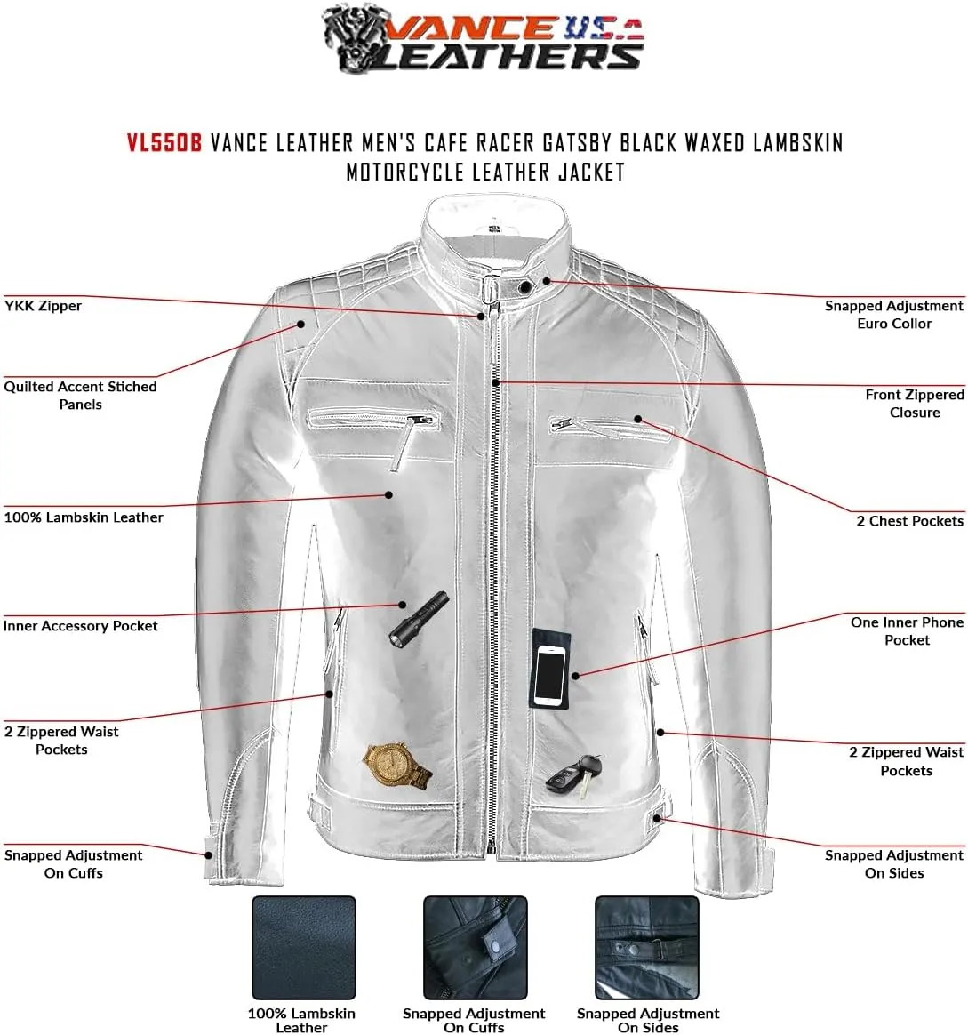 Vance Leather' Men's Cafe Racer Waxed Lambskin Austin Brown Motorcycle Leather Jacket