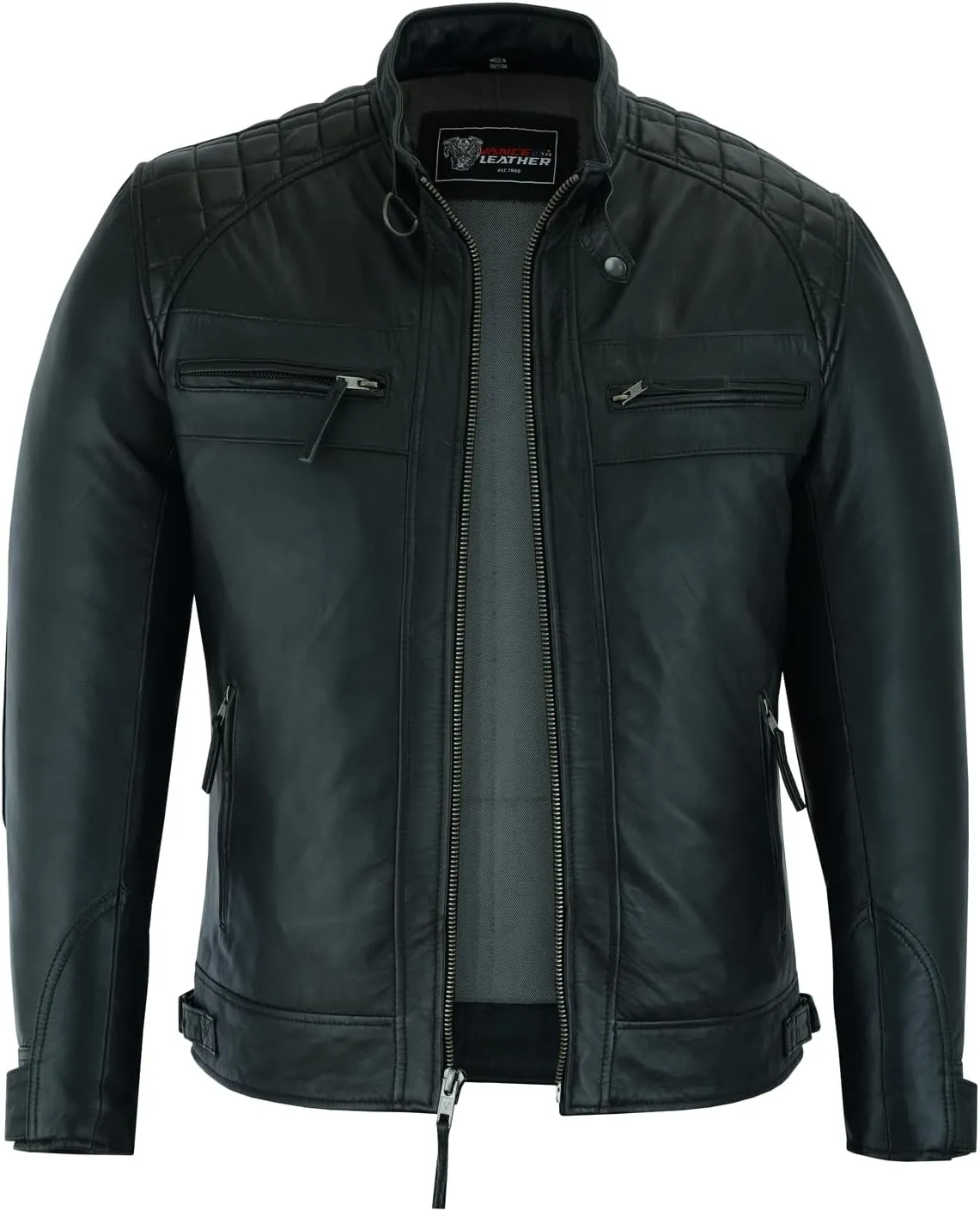 Vance Leather' Men's Cafe Racer Waxed Lambskin Austin Brown Motorcycle Leather Jacket