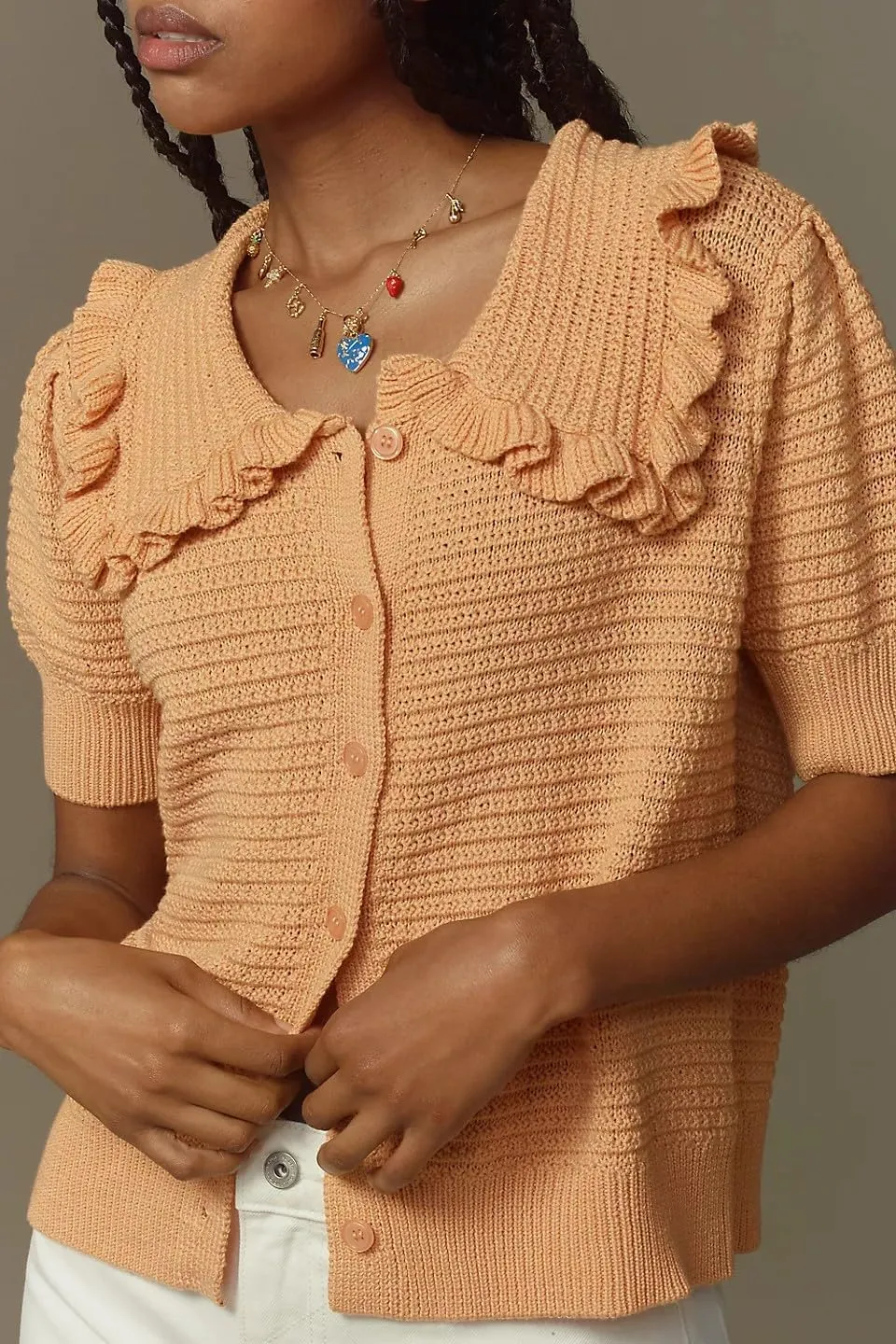 VAOYIU Women's Ruffle Collar Knit Cardigan Short Sleeve Button Down Sweater Top Vintage Cropped Ribbed Summer Outerwear
