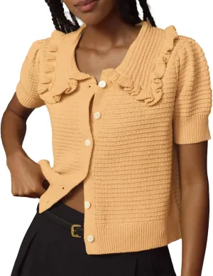 VAOYIU Women's Ruffle Collar Knit Cardigan Short Sleeve Button Down Sweater Top Vintage Cropped Ribbed Summer Outerwear