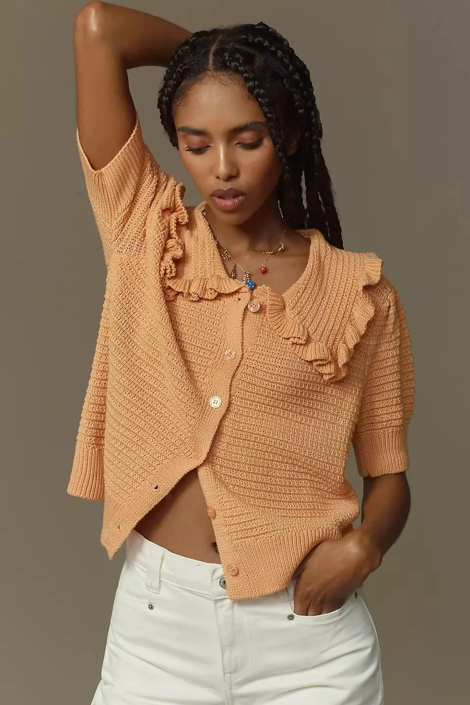 VAOYIU Women's Ruffle Collar Knit Cardigan Short Sleeve Button Down Sweater Top Vintage Cropped Ribbed Summer Outerwear