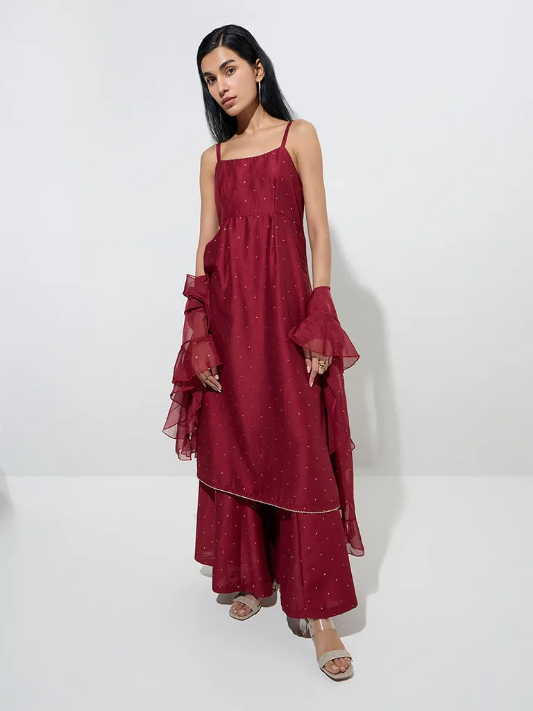 Vark Maroon A-Line Kurta, Palazzos, and Dupatta Set