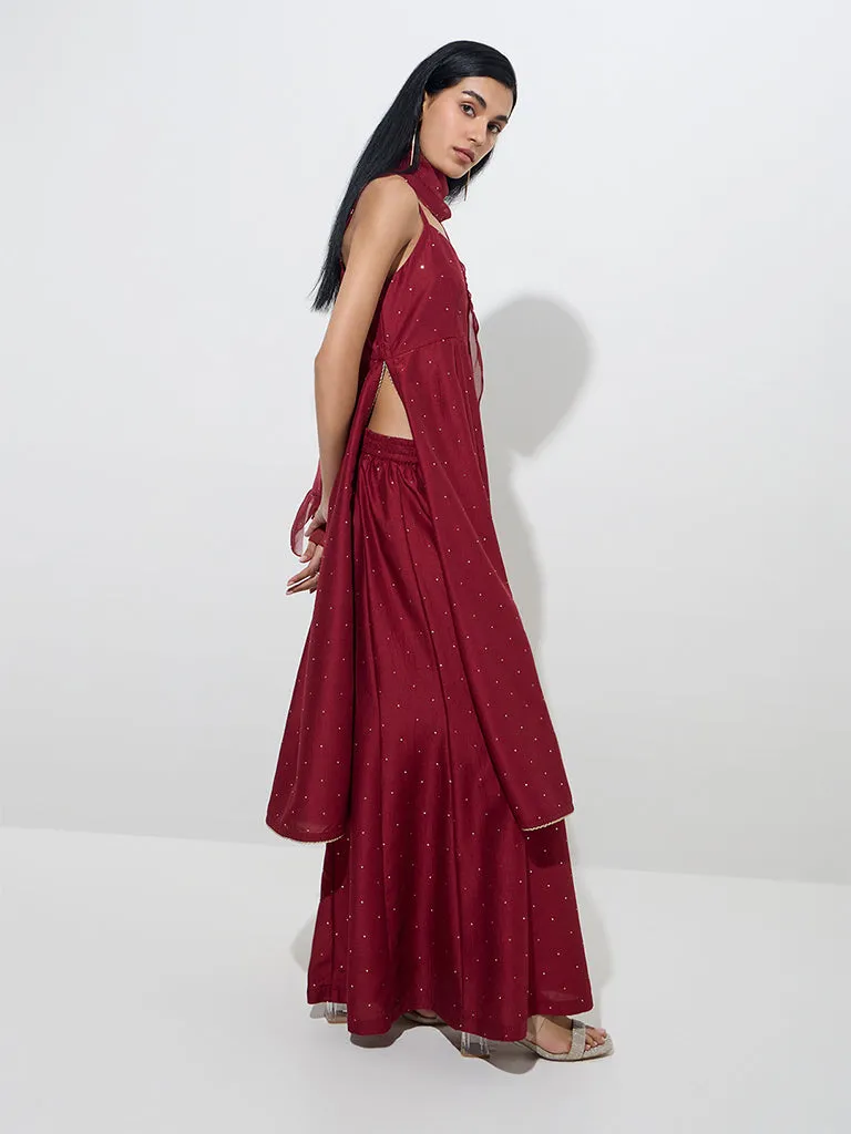 Vark Maroon A-Line Kurta, Palazzos, and Dupatta Set