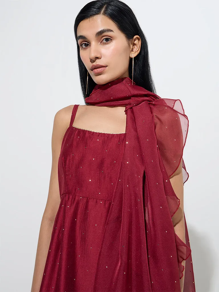 Vark Maroon A-Line Kurta, Palazzos, and Dupatta Set
