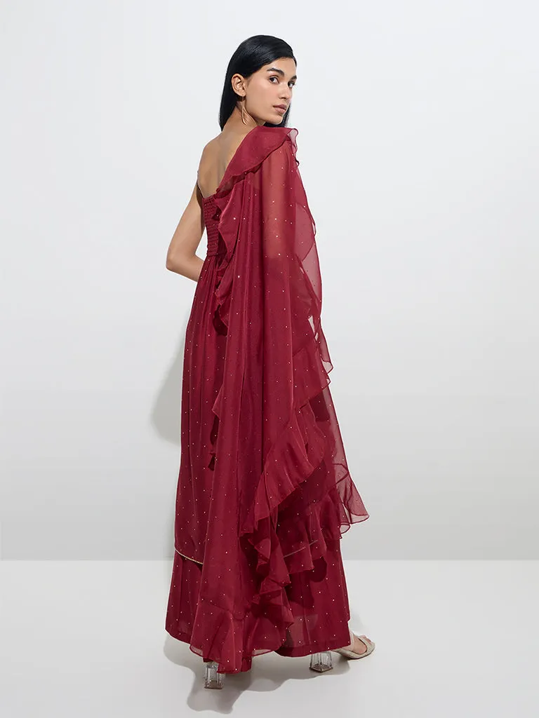 Vark Maroon A-Line Kurta, Palazzos, and Dupatta Set