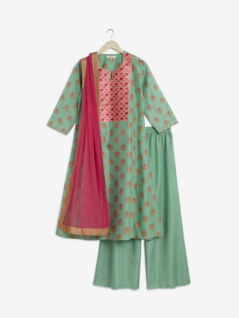 Vark Sea Green A-Line Kurta, Palazzo And Dupatta