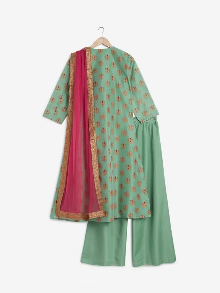 Vark Sea Green A-Line Kurta, Palazzo And Dupatta