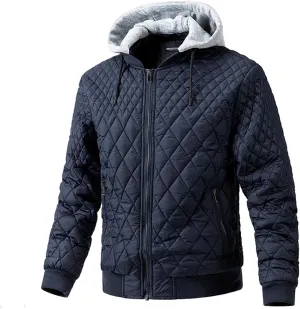 Varsity Jacket Men Diamond Quilted Jackets Winter Warm Padded Cotton Coat Outdoor Casual Zip Up Outerwear with Removable Hood