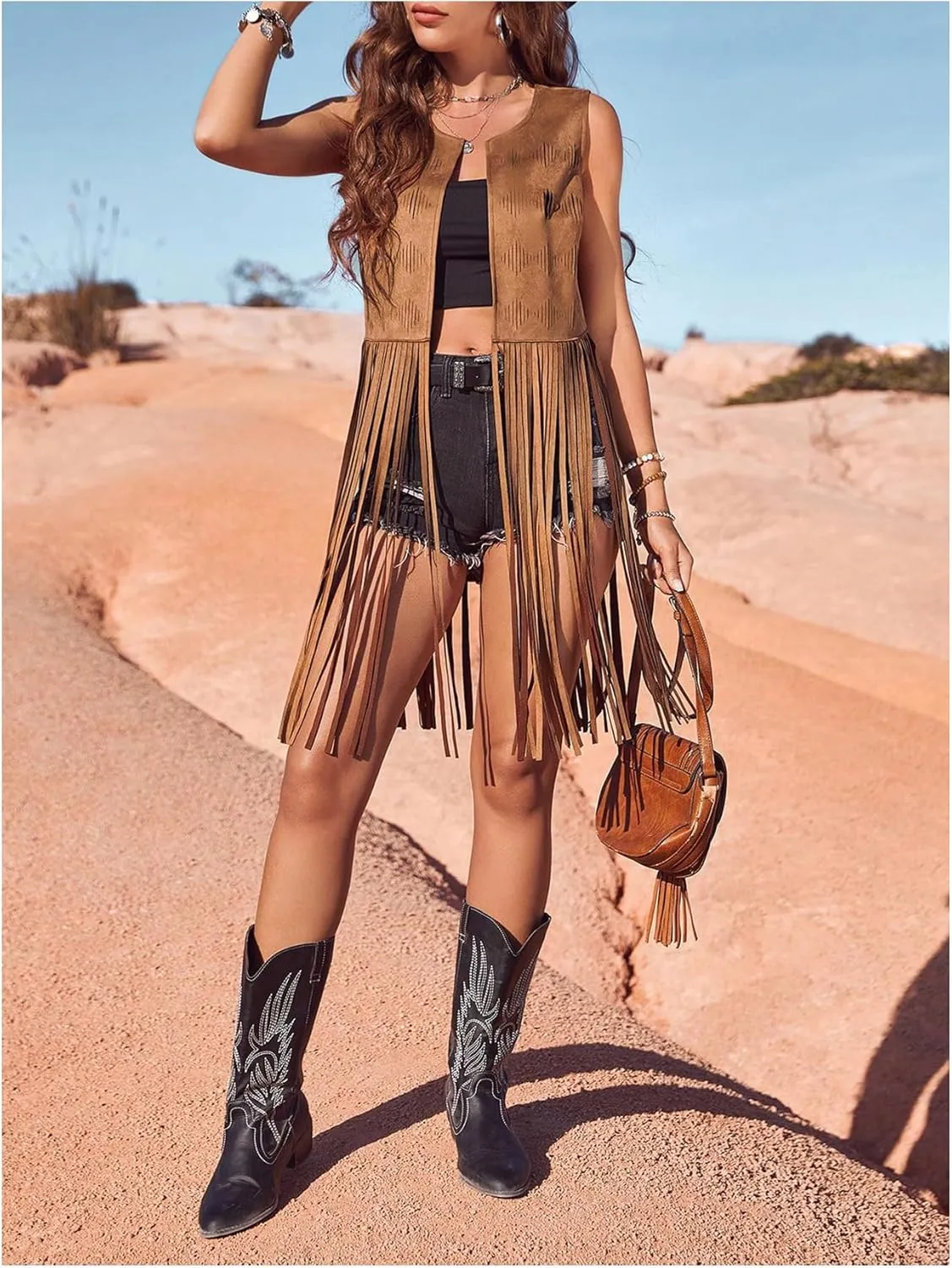 Verdusa Women's Tassel Sleeveless Vest 70s Western Outfit Suede Fringe Trim Vest Jackets Hippie Clothes