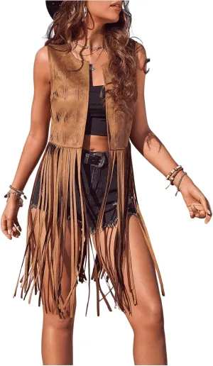 Verdusa Women's Tassel Sleeveless Vest 70s Western Outfit Suede Fringe Trim Vest Jackets Hippie Clothes