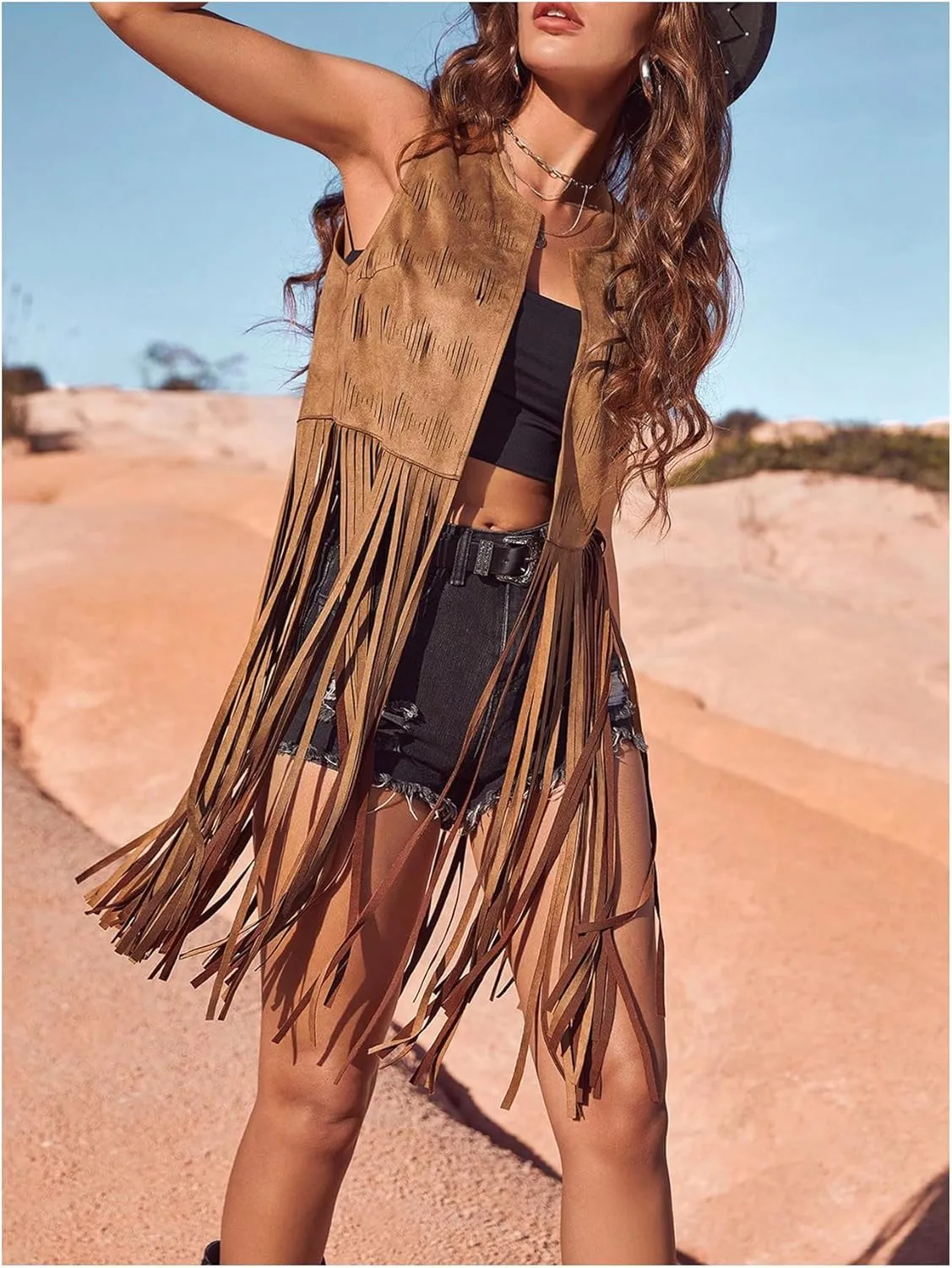Verdusa Women's Tassel Sleeveless Vest 70s Western Outfit Suede Fringe Trim Vest Jackets Hippie Clothes