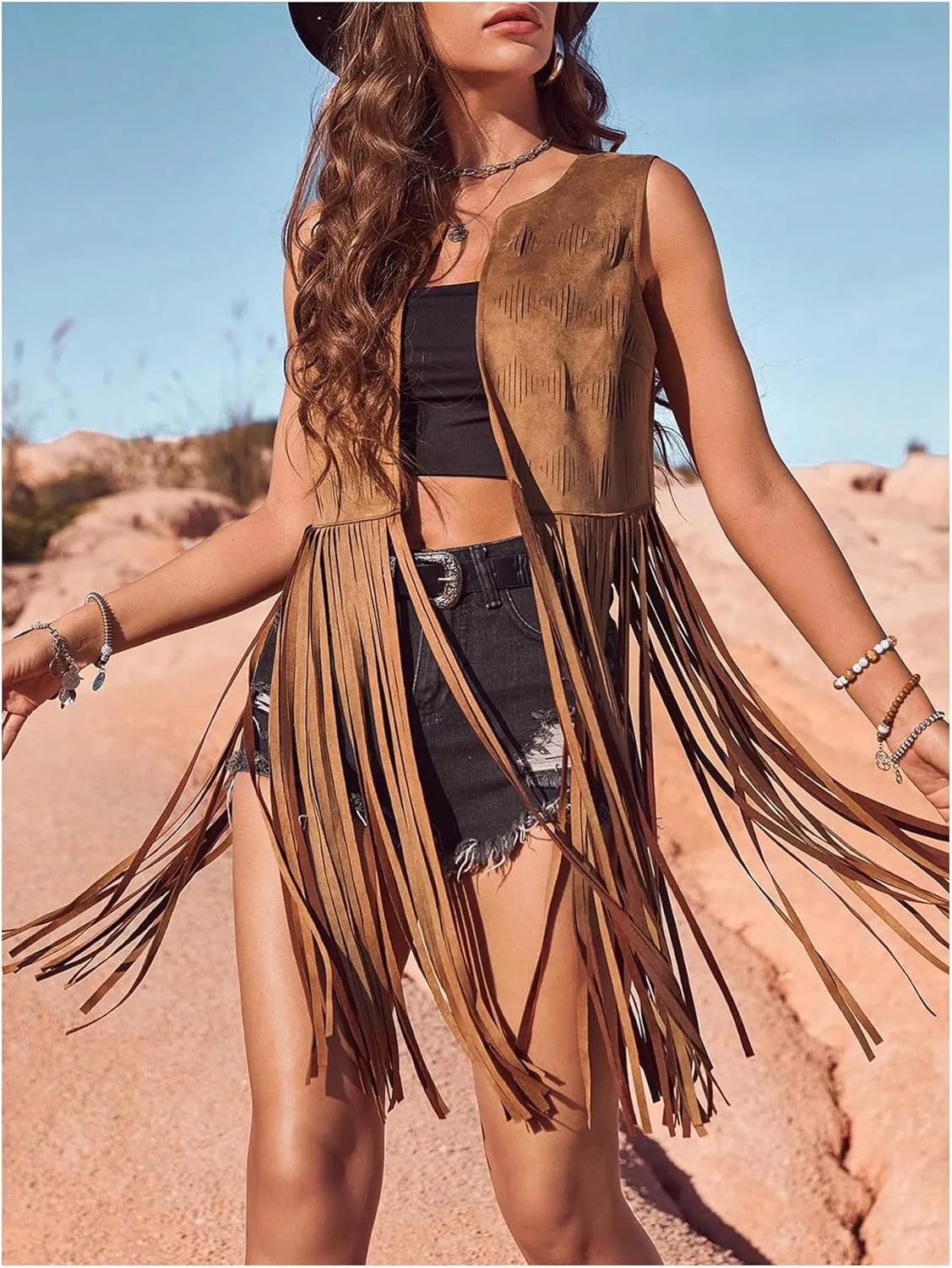 Verdusa Women's Tassel Sleeveless Vest 70s Western Outfit Suede Fringe Trim Vest Jackets Hippie Clothes