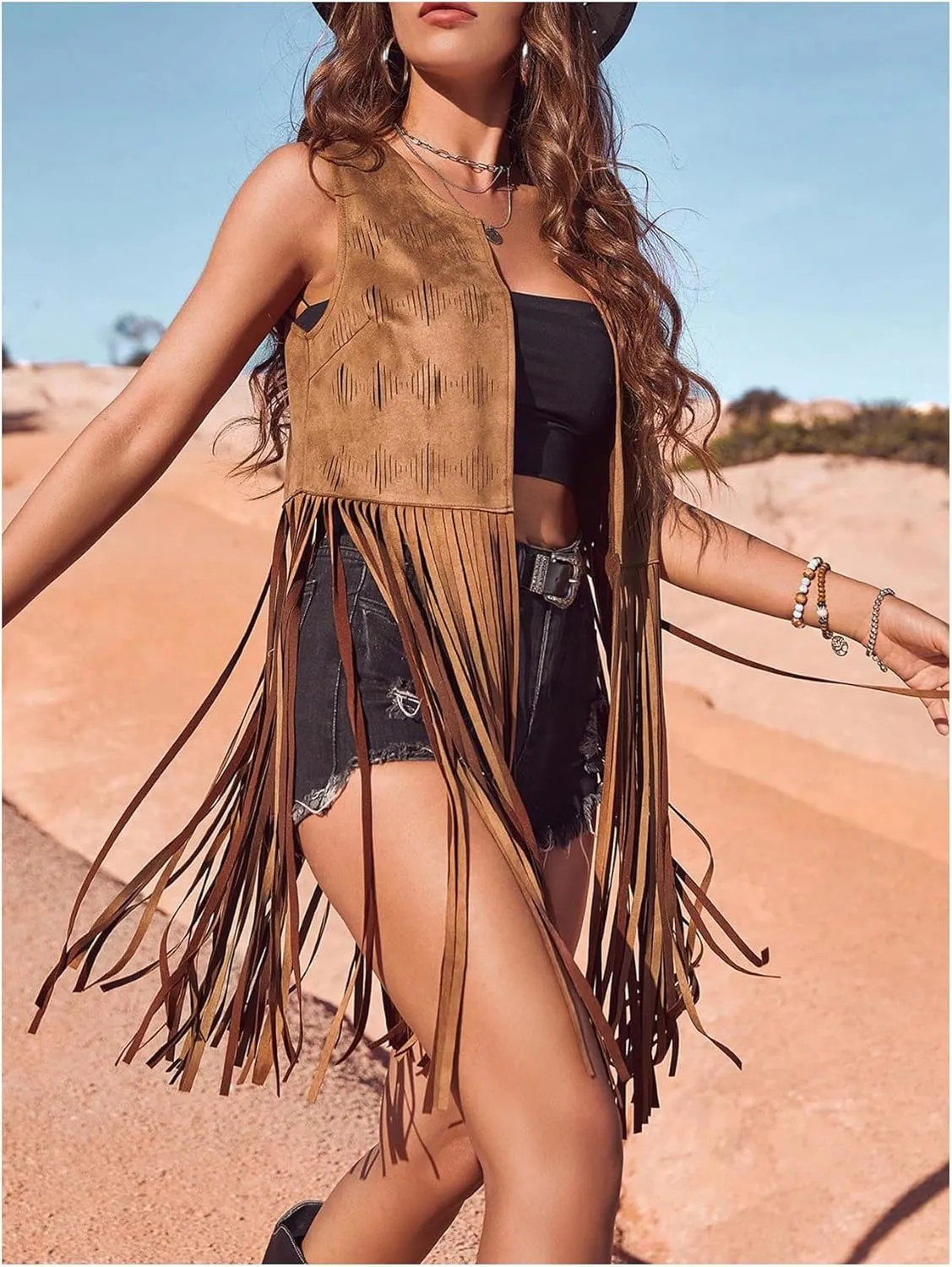 Verdusa Women's Tassel Sleeveless Vest 70s Western Outfit Suede Fringe Trim Vest Jackets Hippie Clothes