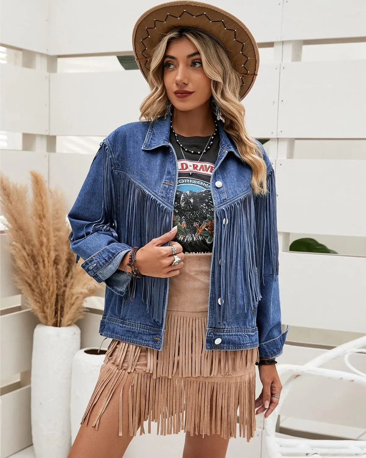 Vetinee Denim Jacket for Women Fringe Trucker Jean Jacket Distressed Western Cowgirl Shacket Jackets Coachella Festival