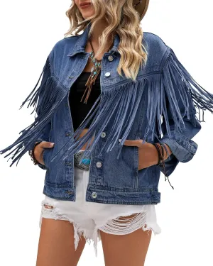 Vetinee Denim Jacket for Women Fringe Trucker Jean Jacket Distressed Western Cowgirl Shacket Jackets Coachella Festival