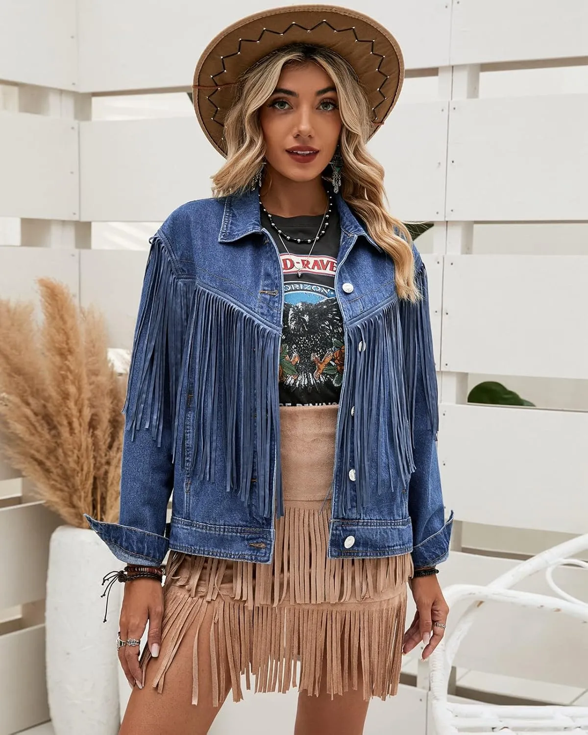 Vetinee Denim Jacket for Women Fringe Trucker Jean Jacket Distressed Western Cowgirl Shacket Jackets Coachella Festival