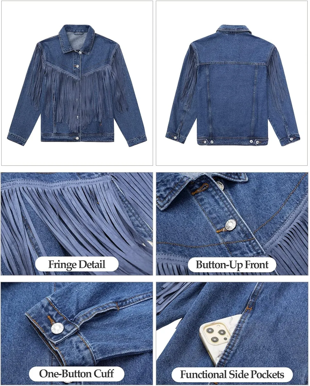 Vetinee Denim Jacket for Women Fringe Trucker Jean Jacket Distressed Western Cowgirl Shacket Jackets Coachella Festival