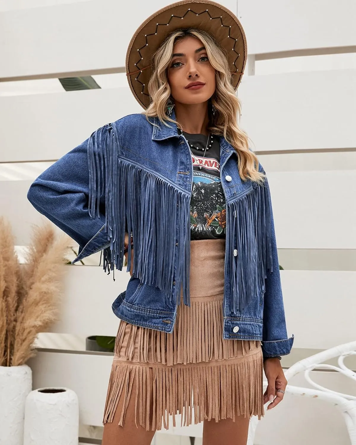 Vetinee Denim Jacket for Women Fringe Trucker Jean Jacket Distressed Western Cowgirl Shacket Jackets Coachella Festival