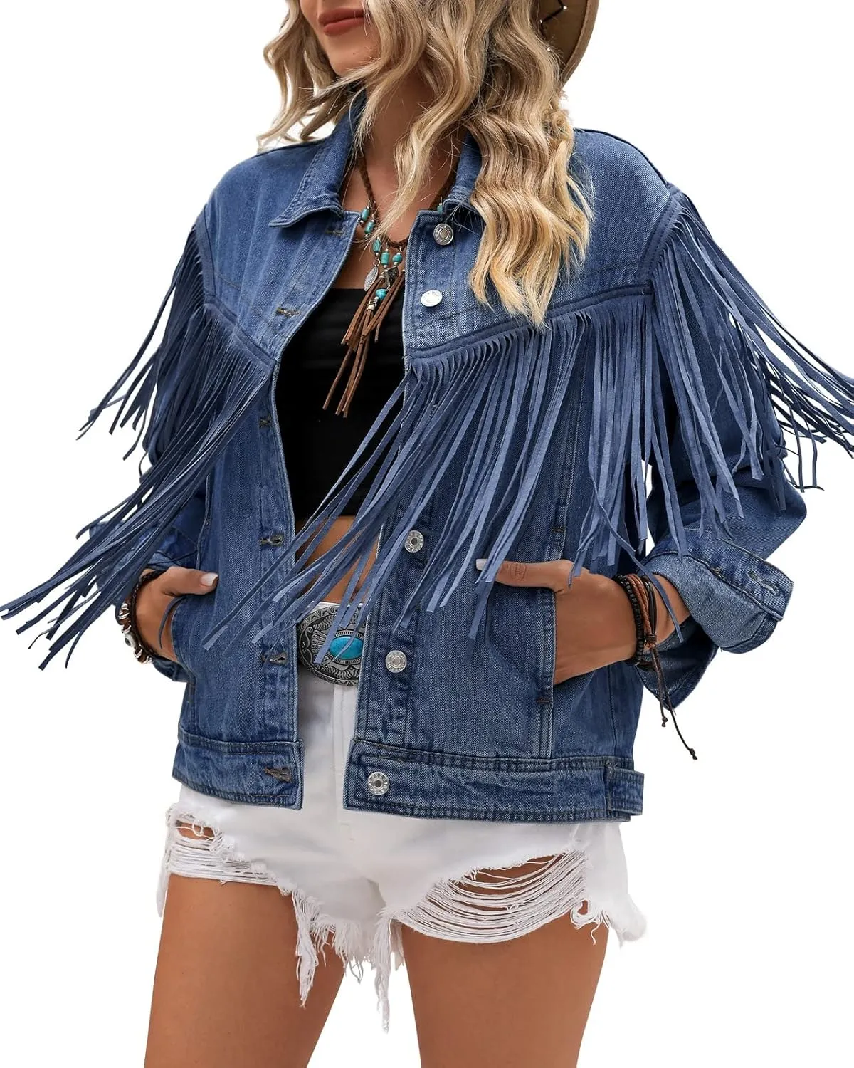 Vetinee Denim Jacket for Women Fringe Trucker Jean Jacket Distressed Western Cowgirl Shacket Jackets Coachella Festival
