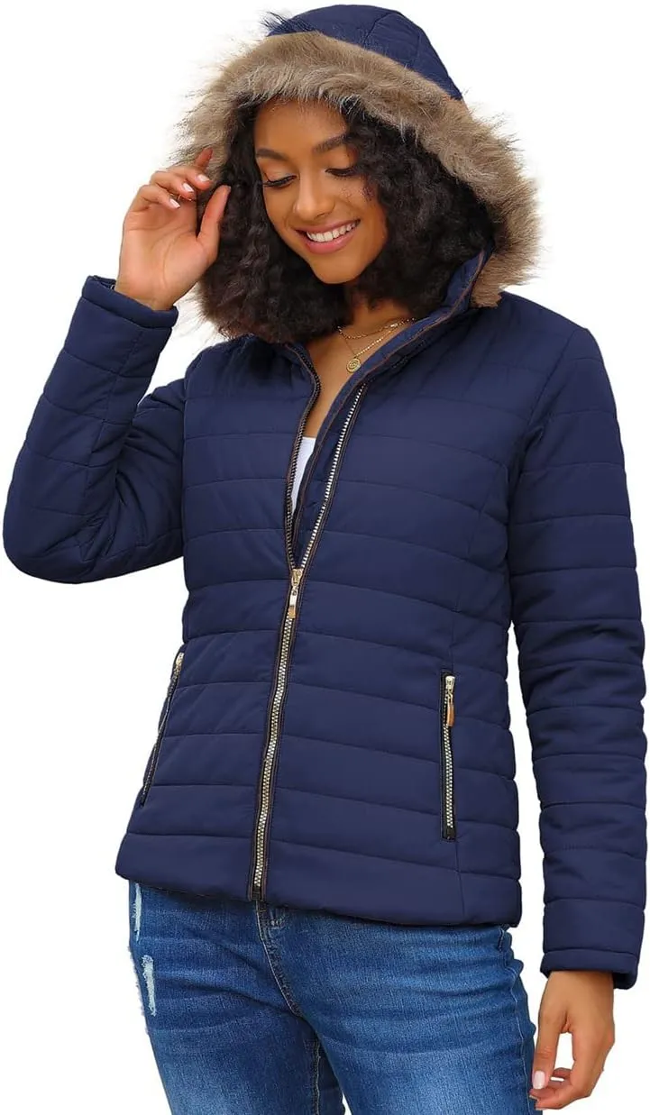 Vetinee Women Casual Faux Fur Lapel Zip Pockets Quilted Parka Jacket Puffer Coat