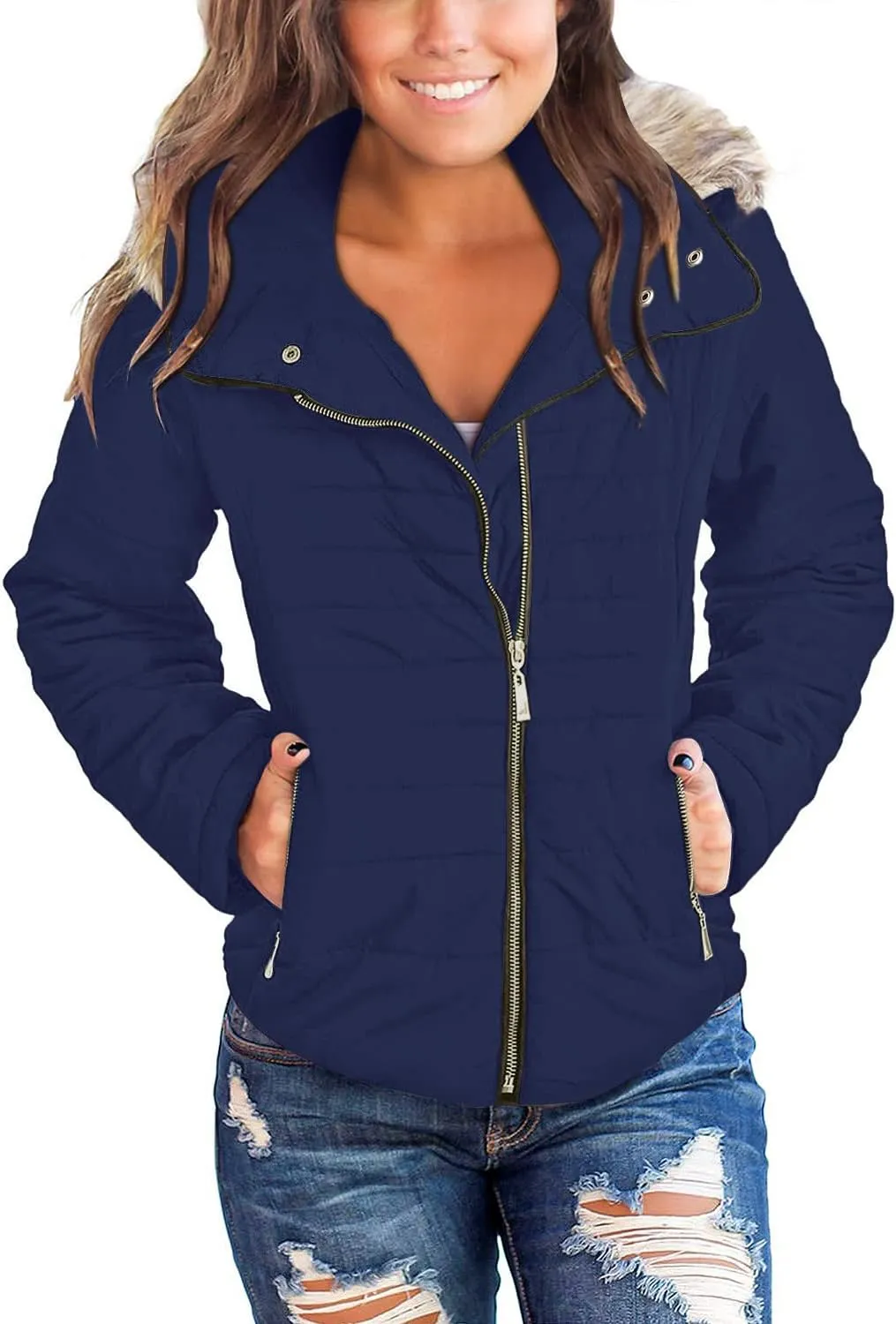 Vetinee Women Casual Faux Fur Lapel Zip Pockets Quilted Parka Jacket Puffer Coat