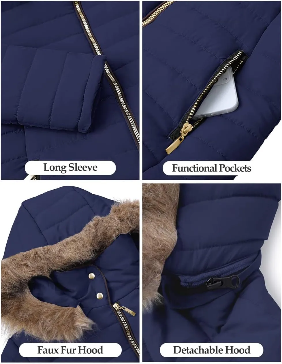 Vetinee Women Casual Faux Fur Lapel Zip Pockets Quilted Parka Jacket Puffer Coat