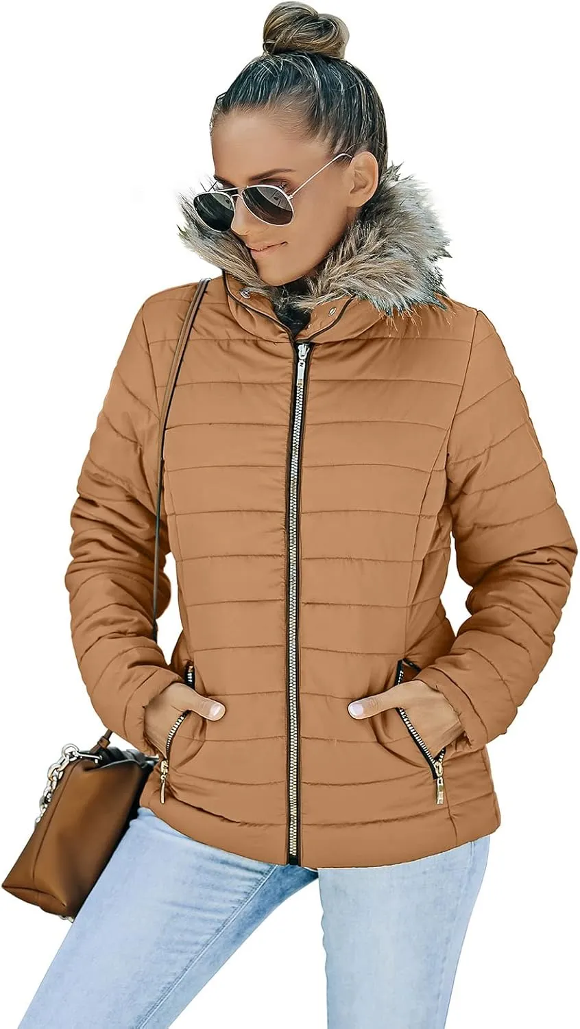 Vetinee Women Casual Faux Fur Lapel Zip Pockets Quilted Parka Jacket Puffer Coat