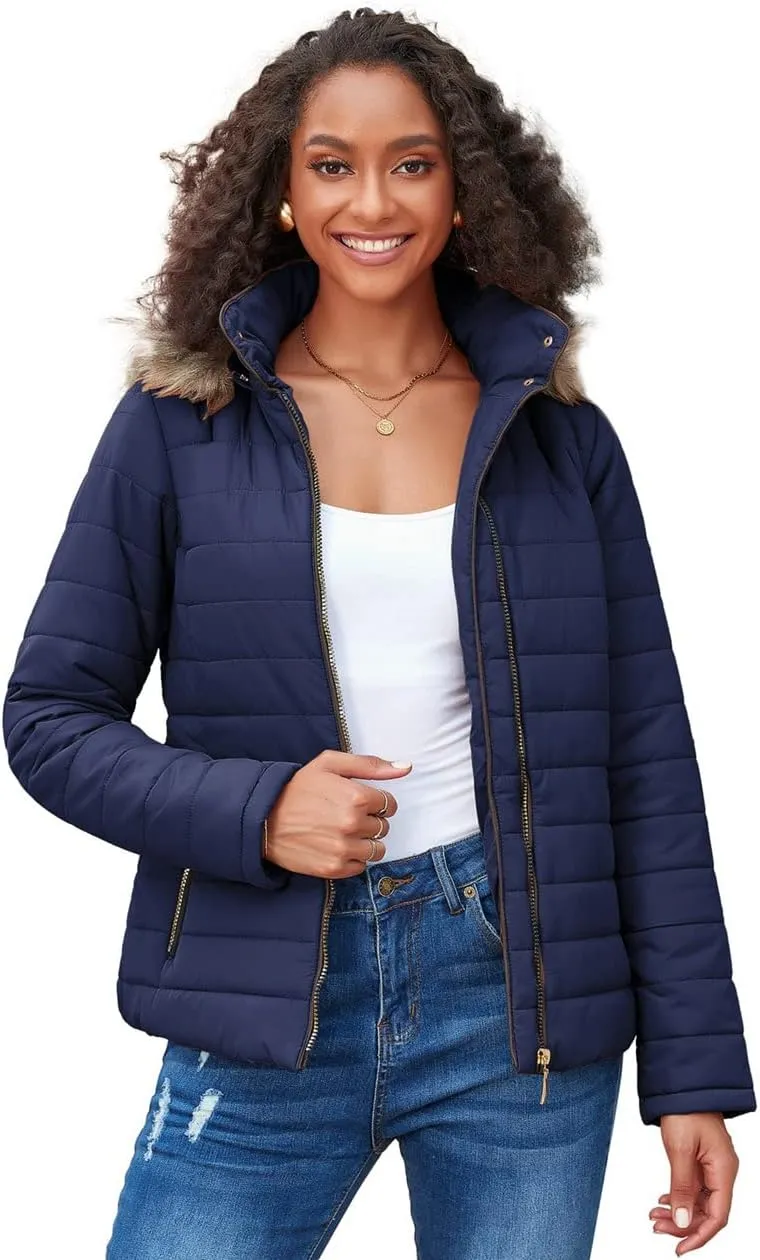 Vetinee Women Casual Faux Fur Lapel Zip Pockets Quilted Parka Jacket Puffer Coat