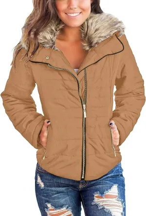 Vetinee Women Casual Faux Fur Lapel Zip Pockets Quilted Parka Jacket Puffer Coat