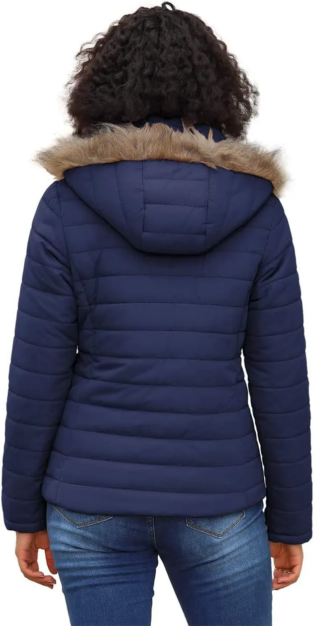 Vetinee Women Casual Faux Fur Lapel Zip Pockets Quilted Parka Jacket Puffer Coat