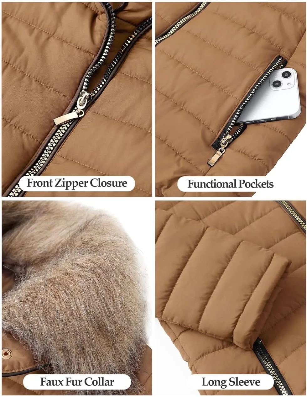 Vetinee Women Casual Faux Fur Lapel Zip Pockets Quilted Parka Jacket Puffer Coat