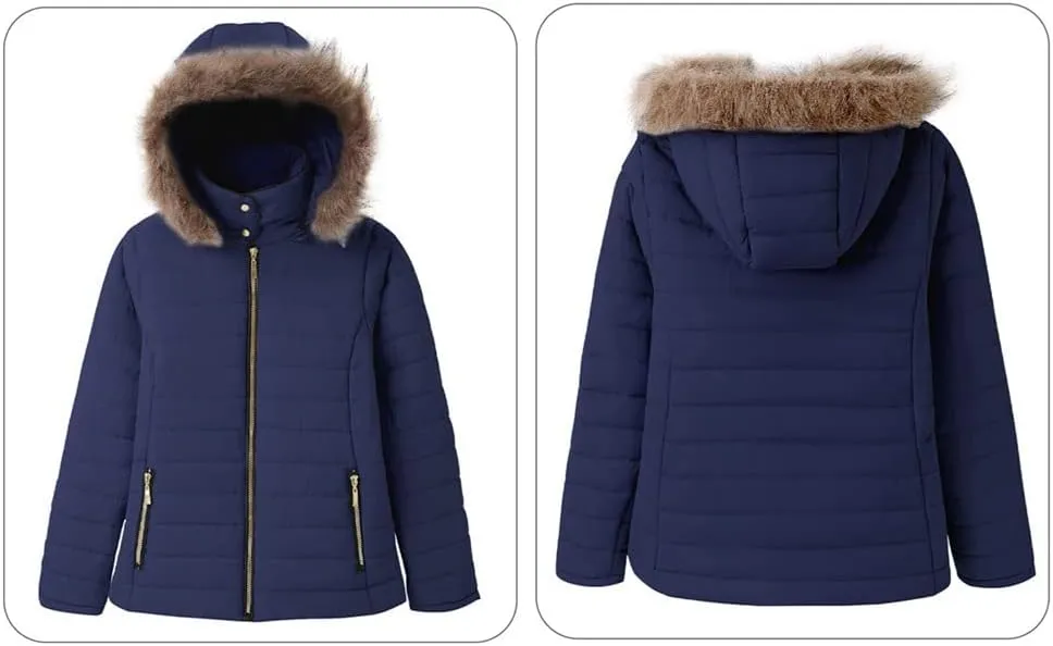 Vetinee Women Casual Faux Fur Lapel Zip Pockets Quilted Parka Jacket Puffer Coat