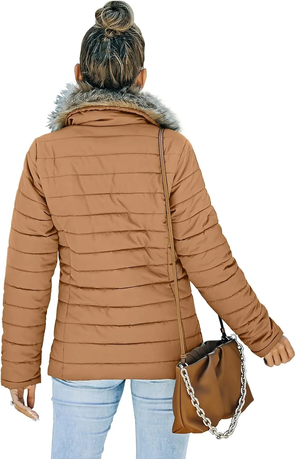 Vetinee Women Casual Faux Fur Lapel Zip Pockets Quilted Parka Jacket Puffer Coat