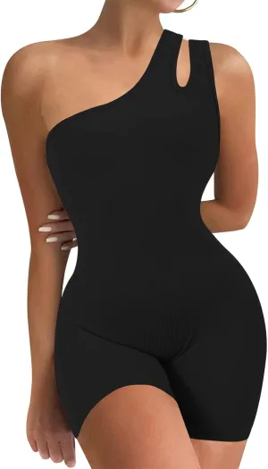 VUTRU Womens Sexy One Piece One Shoulder Two Halters Sleeveless Bodycon Shorts Jumpsuits Bodysuit Ribbed Sports Romper