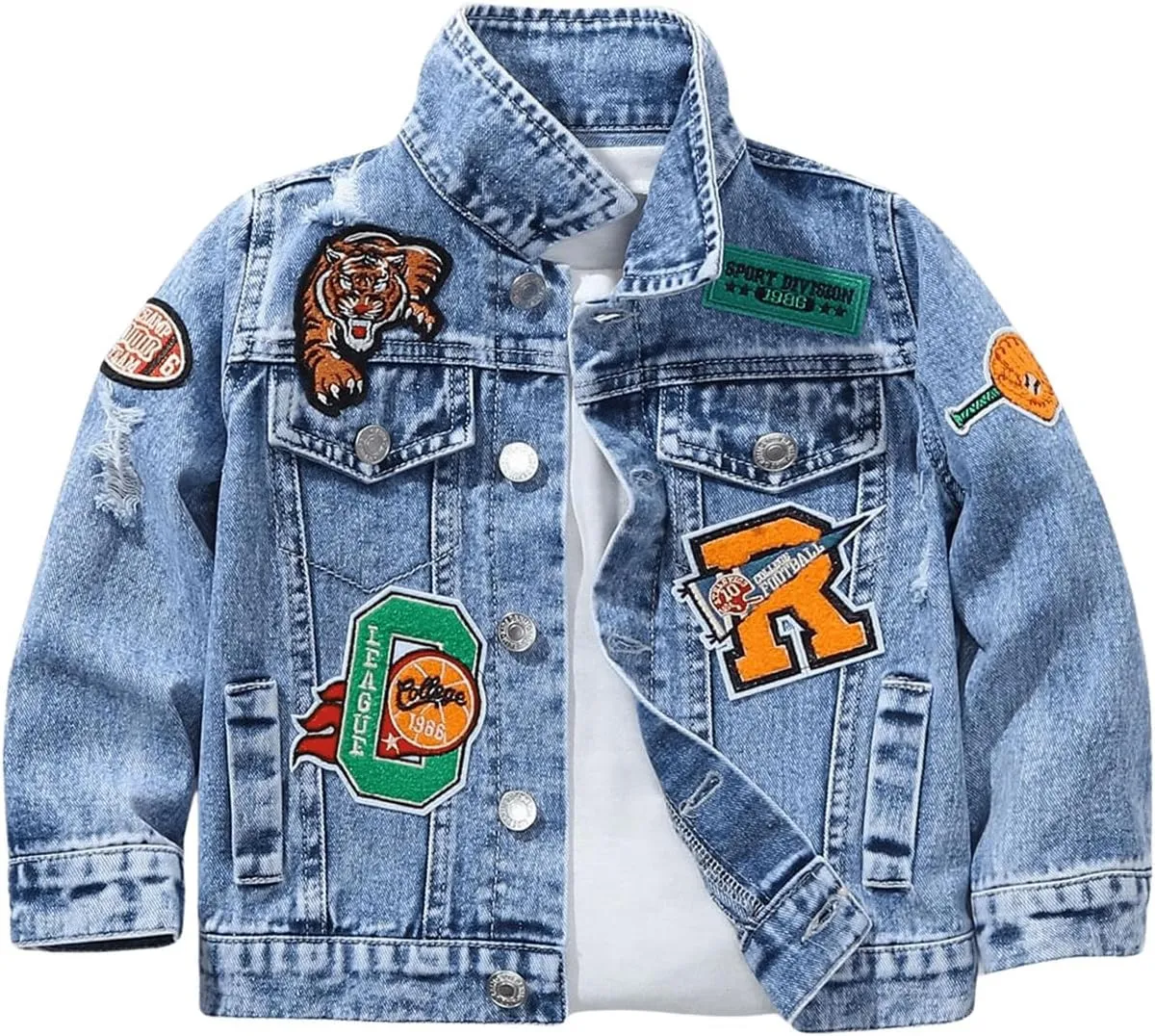 WDIRARA Boy's Button Down Graphic Denim Jacket Long Sleeve Collared Denim Coat Casual Outerwear
