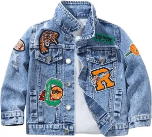 WDIRARA Boy's Button Down Graphic Denim Jacket Long Sleeve Collared Denim Coat Casual Outerwear