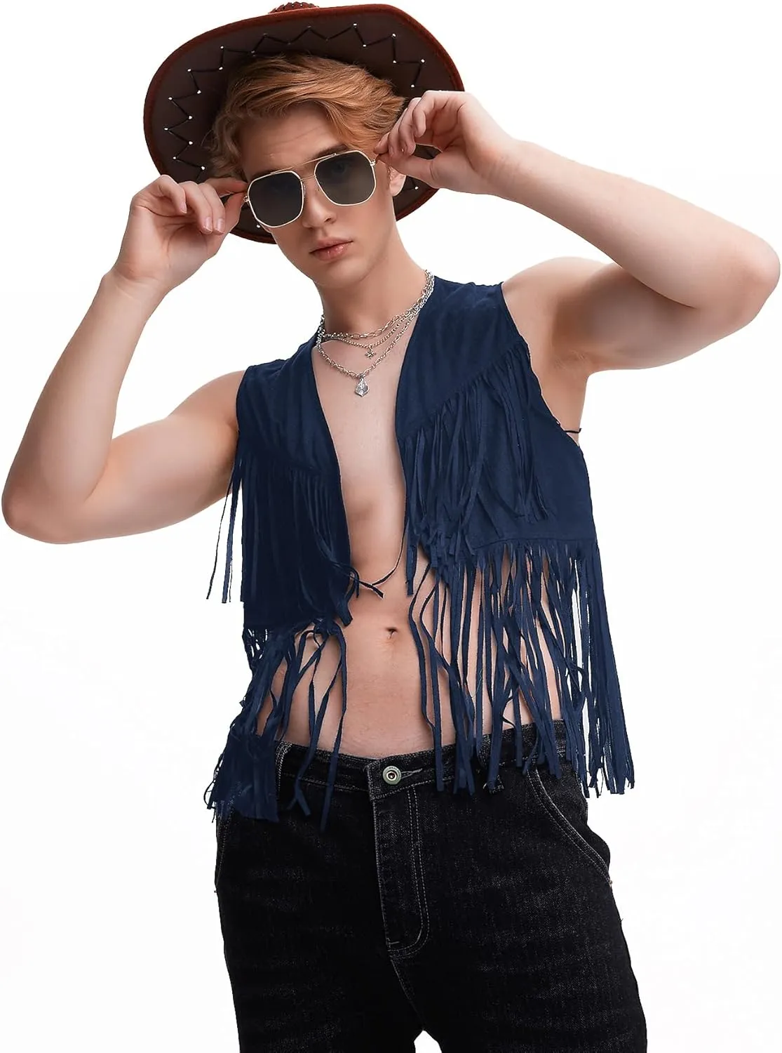 WDIRARA Men's Open Front Sleeveless Fringe Hem Party Club Jacket Vest Outerwear