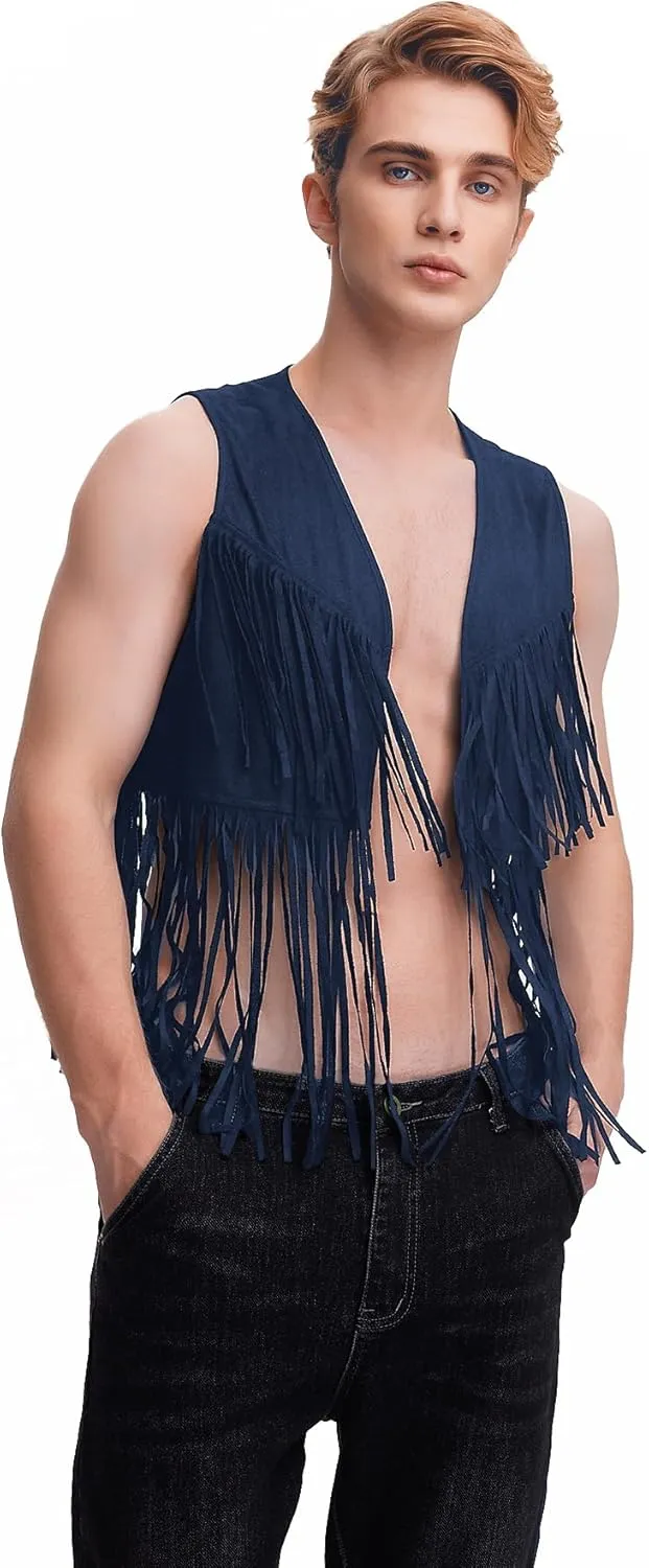 WDIRARA Men's Open Front Sleeveless Fringe Hem Party Club Jacket Vest Outerwear