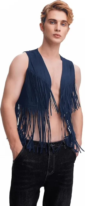 WDIRARA Men's Open Front Sleeveless Fringe Hem Party Club Jacket Vest Outerwear