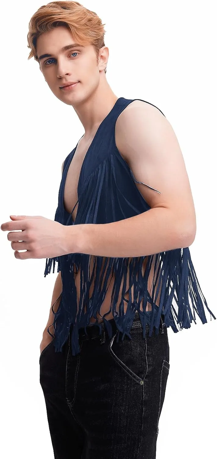 WDIRARA Men's Open Front Sleeveless Fringe Hem Party Club Jacket Vest Outerwear
