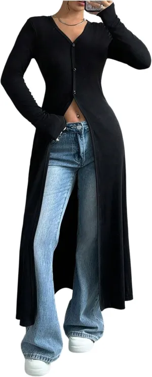 WDIRARA Women's Button Down Long Cardigan V Neck Slit Ribbed Knit Sweater Casual Going Out Tops