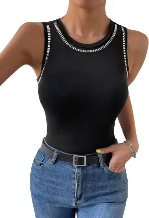 WDIRARA Women's Rhinestone Tank Top Sleeveless Summer Top Round Neck Tank Top