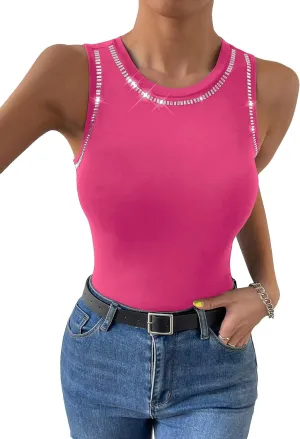 WDIRARA Women's Rhinestone Tank Top Sleeveless Summer Top Round Neck Tank Top